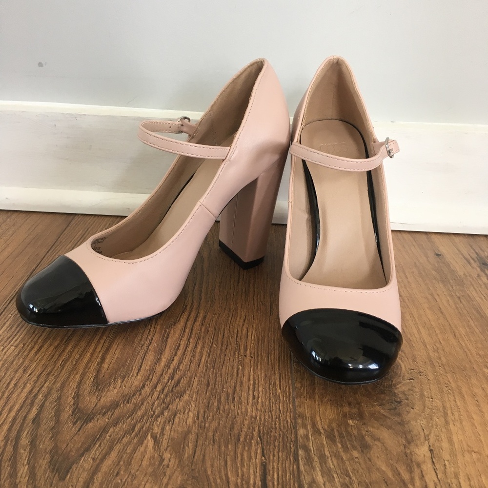 Nude Mary Jane Block Heels with Black Toe Cap